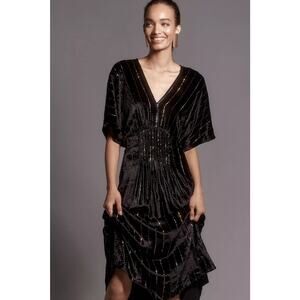 New Anthropologie Long  Black Sequined Tatiana Kaftan Dress by Bl-nk One Size